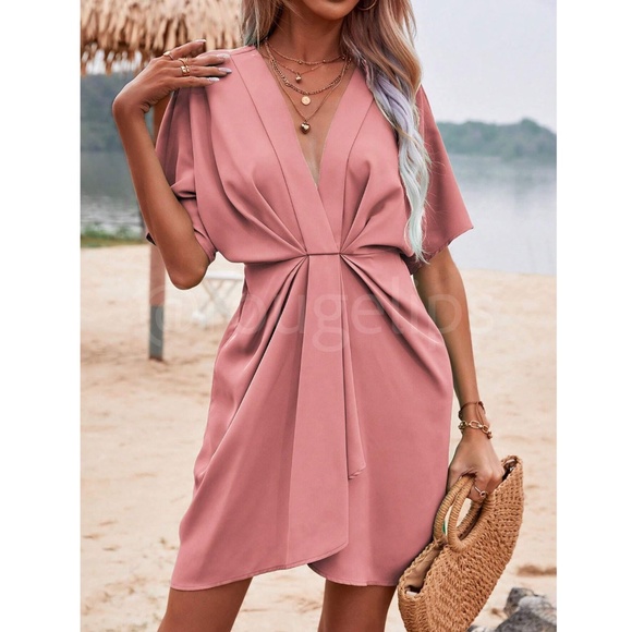 Salmon Pink Mini Dress Ruched, Batwing Sleeve Faux Wrap Pleated - Picture 5 of 8
